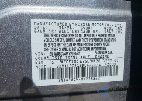 2021 Nissan Sentra Sv Xtronic Cvt from USA, damaged, VIN 3N1AB8CV4MY235522